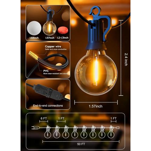 Outdoor String Lights, 50FT 52 LED Bulbs Connectable Patio Lights (2 Spare) | G40 Outside Vintage Hanging Light for Backyard Bistro Balcony Porch Christmas Party Wedding, E12, 2200K, Black