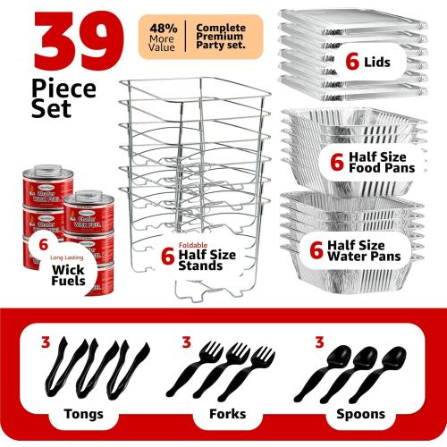 Disposable Chafing Dish Buffet Set, Food Warmers for Parties, Catering Supplies Buffet Display, Complete Premium Set, Half Size Single Pan, Warming Trays (6 Pack)