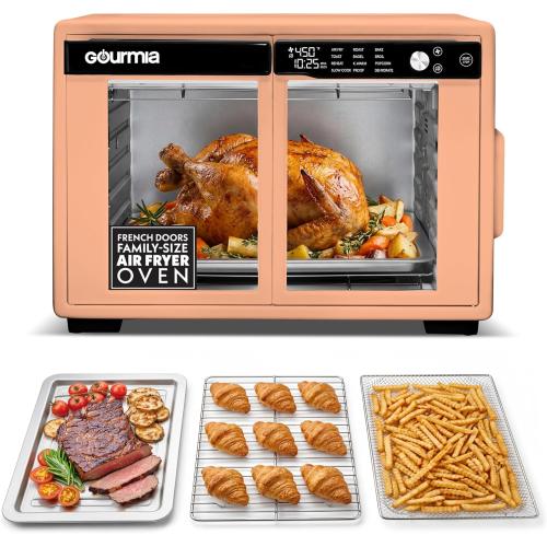Gourmia French Door Air Fryer Oven - 37 Qt Large Capacity Convection Toaster Oven, FryForce 360°, Digital Display, 12 Cooking Presets, Dehydrate, Fits 13” Pizza, Dishwasher-Safe, Peach‼️needs heavy cleaning ‼️