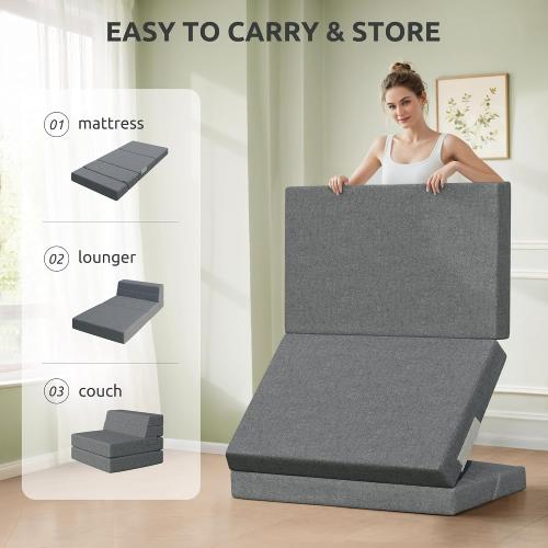 Youzi Folding Sofa Bed, Foldable Mattress for Bedroom and Living Room, 6 Inches Single Four-fold Floor Sofas for Guests, Sofa Bed Chair Floor Mattress with Washable Cover, Dark Gray, 75 x 25 x 6