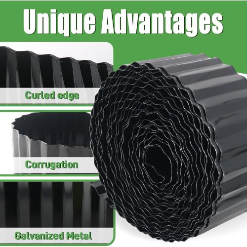 Quibbay Metal Corrugated Garden Edging,  Landscape Edging for DIY Flower Beds, Flexible Bender Border for Lawn, Garden and Yard, Sturdy Galvanized Garden Edging, Black
