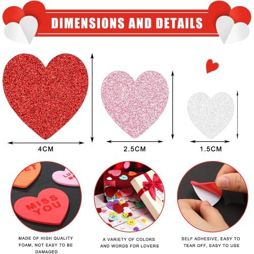 Zonon 800 Pieces Valentines Day Heart Conversation Foam Stickers, Matte and Glitter Self-Adhesive Heart Labels for Valentines Craft Wedding Party Dating DIY Decorations, Cards, Favors
