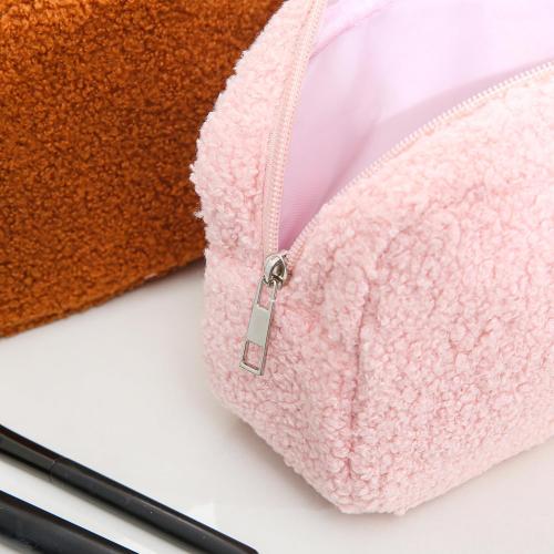 Size Small Color Pink Teddy Plush Aesthetic Cosmetic Bag,fashionable zipper fluffy Makeup bag,portable home travel skincare storage bag, terry fabric college style Mini Makeup Pouch (Pink)