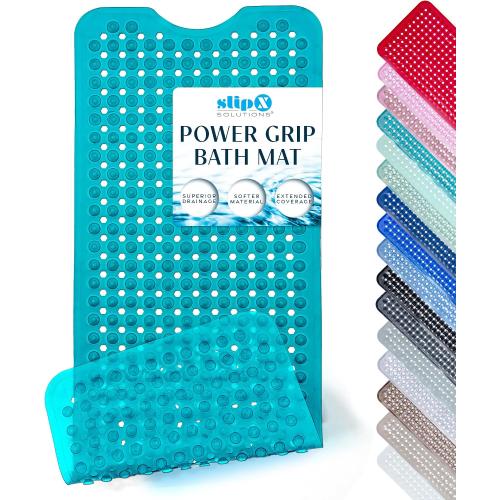 SlipX Solutions 39x16 Power Grip Non Slip Bathtub Shower Mat, Aqua | Stronger Wet Surface Protection, Soft Under Foot, 265  Suction Cups, Large Drainage Holes