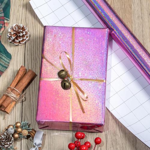 Burymento Pink Wrapping Paper Roll, Metallic Holographic Star Gift Wrap for Birthday, Valentines, Mothers day, Graduation, Wedding, Fathers day, Baby Shower, Christmas (17 IN x 32.8 FT)