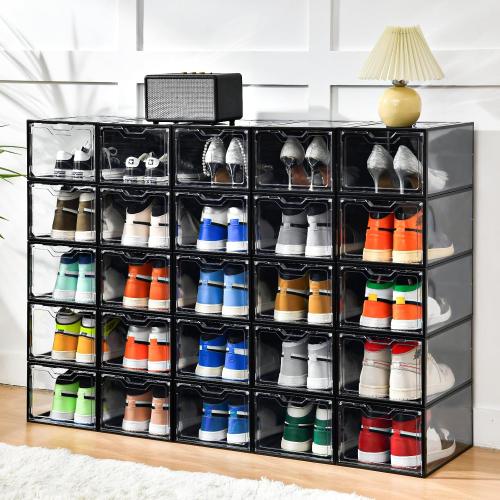 Stebopum 12 Pack Stackable Shoe Storage Organizer with Magnetic Door, Shoe Boxes Clear Black Plastic for Closet, Shoe Rack for Sneaker Boot Container, Shoe Cabinet Fit up to US Size 12