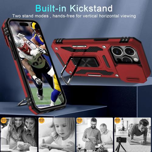 DEERLAMN Case for iPhone 15 Pro Max with Slide Camera Cover Screen Protector(1 Pack), Rotated Ring Kickstand Military Grade Shockproof Protective Cover 6.7 Inch-Red