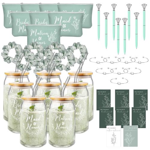 Irenare 48 Pcs 8 Set Bridesmaid Proposal Gifts Maid of Honor Gifts16oz Glass Cups Cosmetic Makeup Bags Invited Cards Scrunchies Hair Knotted Bracelets Diamond Pens(Classic Style,Green)
