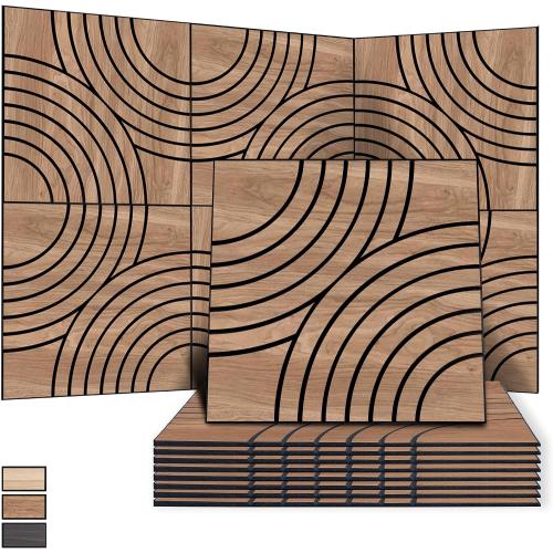 WoveN SounD Artisan Acoustic Wall Panels, 24x24 Inch 8 Pack, PVC Wood Grain Veneer Carved Sound Proof Wall Decor, Self-Adhesive for Home, Studio, Office & Focus Zones, Interlaced Arcs, Teak