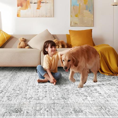 Washable Runner 2x6, Boho Entryway Rug for Hallway, Kitchen, Bedroom, Bathroom - Soft Grey, Non Slip, Long Floral Vintage Distressed Carpet for Living Room