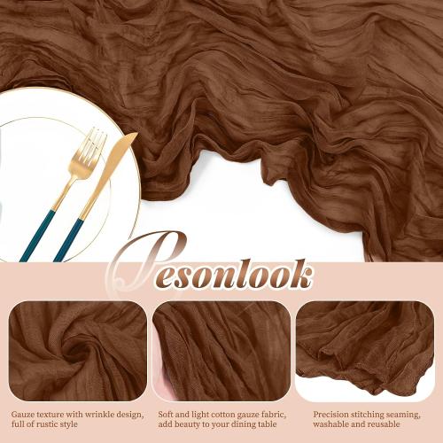 Pesonlook 24 Pack Cheesecloth Table Runner, 10FT Brown Table Runner Long Romantic Semi Sheer Rustic Boho Gauze Table Runners for Wedding Bridal Shower Birthday Party Decorations(21.5×120 Inch)