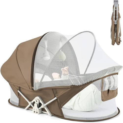 ISELECTOR Portable Baby Bassinet for Baby Travel, Baby Cribs Travel Pod for Outdoors Baby Lounger Infant Travel Bed with Mosquito Net and Sunshade Canopy, Lightweight Washable (Brown)