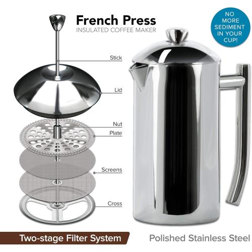 Frieling Double-Walled Stainless Steel French Press Coffee Maker - 44 oz, Polished, Extra Large Stainless Steel Coffee Press for Commercial Use - Camping Coffee Makers & Tea Press