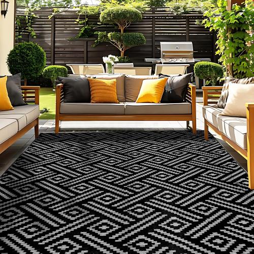 Black and Grey OPPODREAM Outdoor Rug, Waterproof Outdoor Plastic Straw Rug for Patio, Reversible Out Door Carpet for Camping, Deck, Rv, Area Carpet for Balcony, Porch, Backyard, Black and Beige