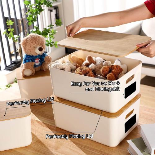 Suzile 6 Packs Plastic Storage Bins with Bamboo Lids Christmas Stackable Storage Containers for Xmas Decoration Ornaments Document Paper Organizing, with Labels and Marker(Multiple Size)