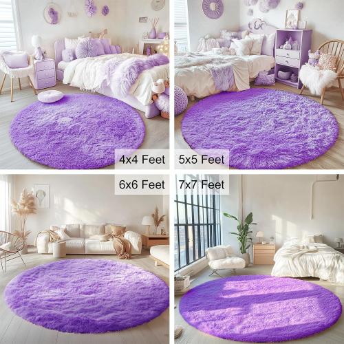 Purple Round Rugs for Bedroom - Machine Washable, Medium Circle Area Rugs for Living Room, Soft and Fluffy Shaggy Carpet for Teen Girls and Boys, Nursery Rooms, Dorms, Home Decor Aesthetic