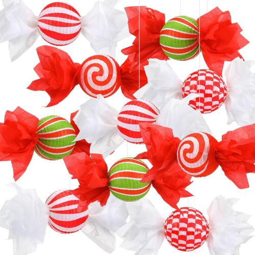 Baquler 12 Pcs 8 Inch Christmas Hanging Paper Lanterns Candy Party Decorations Paper Christmas Decor Candy Canes Peppermint DIY Decorations for Indoor Holiday Xmas Classroom Office Decor