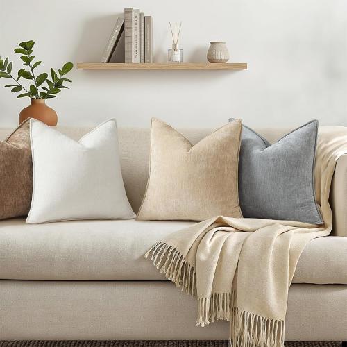 decorUhome Spring Couch Throw Pillow Covers 12x20 Set of 2, Decorative Soft Velvet Modern Cozy Chenille Lumbar Pillow Cases with Elegant Design for Sofa Bed Living Room Home Decor, Beige