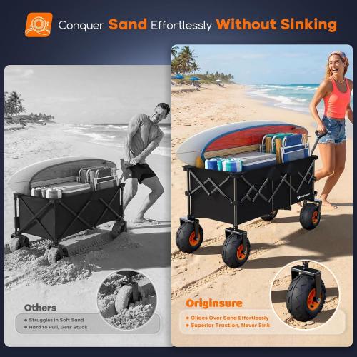 48L Collapsible Beach Wagon with Big 10 Balloon Wheels for Sand, 560lbs Weight Capacity 300L Wagons Carts Foldable Heavy Duty with All Terrain Tires, Folding Cart for Camping, Grocery, Sport - Black