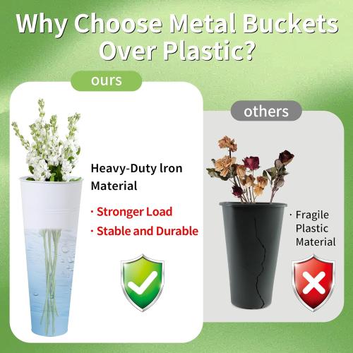 Flower Cart Display Stand, 3 Layers Metal Flower Bar Stand with 360° Swivel Wheels and Brake, Flower Display stand with Iron Buckets, Durable than Plastic Buckets, Flower Holder for Florist or Wedding