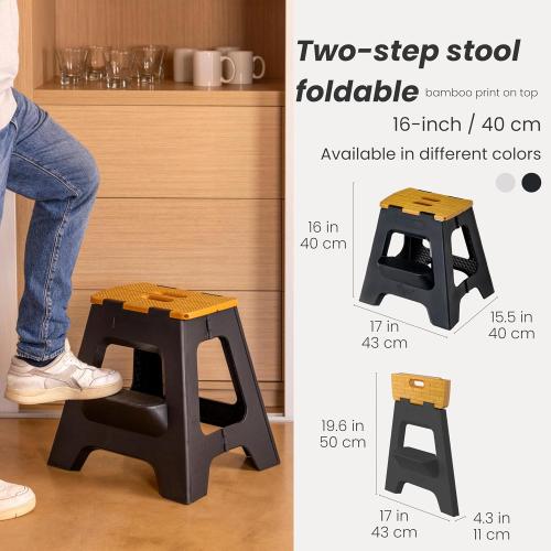 Vigar Compact Folding Step Stool - 16 Inch 2 Step Foldable Step Stool for Adults, Lightweight Portable Stool with Handle, Non Slip Step Stool, Space-Saving Stool up to 330 lb - Black, Bamboo Print Top