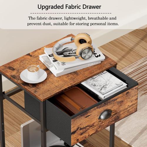 Furologee Nightstands Set of 2, Night Stand with Fabric Drawer and Storage Shelf, Retro Bedside Sofa Tables for Small Place, End Side Tables Living Room Bedroom, Rustic Brown