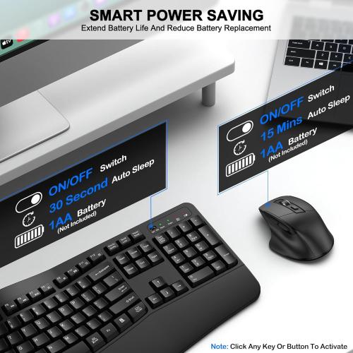Wireless Keyboard and Mouse Combo, 2.4G Full Size Wave Keys Ergonomic Keyboard with Wrist Rest and 3-Level DPI Adjustable Wireless Ergonomic Mouse for Windows, Mac OS Desktop/Laptop/PC(Black)
