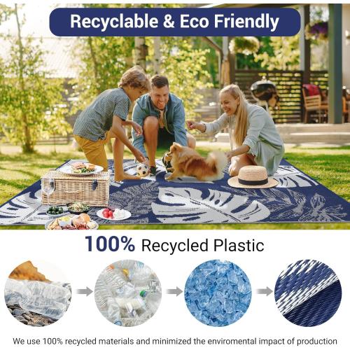Patio Modern Leaf Print Outdoor Rug  Waterproof Large Reversible Camping Mat Foldable Lightweight Plastic Straw Outdoor Rug for Deck, Picnic, Porch, Balcony, Beach, Rv，Navy/White