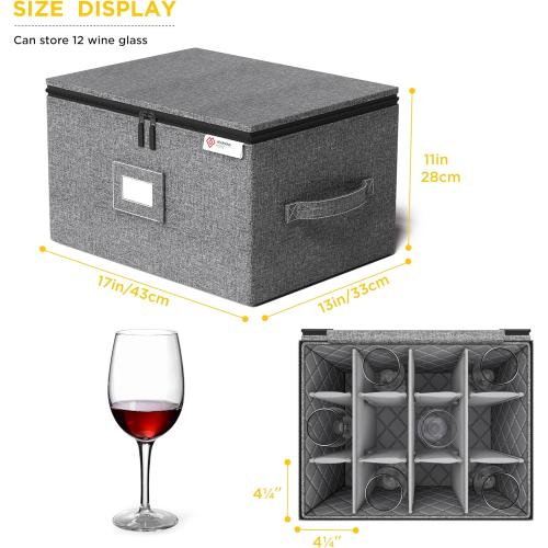 YearningHome Wine Glass Storage Box with Dividers,Hard Shell and Stackable Stemware Storage Containers with Sturdy Handle for Glassware Crystal Storage and Transport,Grey,Holds 12