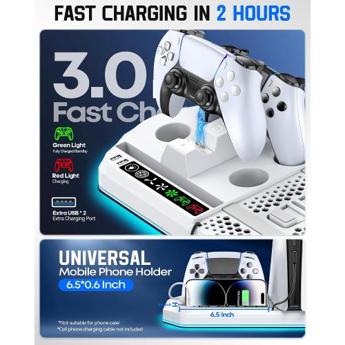 Cooling Station with Controller Charger for PS5/Slim/Pro, PlayStation 5 Vertical Stand for Disc & Digital Console, Dual PS 5 Controller Charging Station with 3 Level Cooling PlayStation 4 Chargers