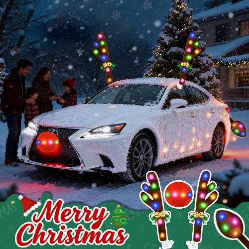 Christmas Car Decorations Reindeer Car Kit Antlers with Lights, Jingle Bells Rudolph Reindeer and Nose, Tail Cute Costume Auto Accessories for Trunk Vehicles SUV Antenna Toppers Multicolor