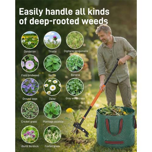 HAUSPROFI Stand Up Weed Puller Tool with 36-46 Inch Adjustable Long Handle and 50L Garden Bag, Heavy Duty 4-Claw Stainless Steel Weed Remover Tool with Automatic Rebound Design for Deep Roots