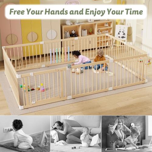 IKALIFE Extra Large Wooden Baby Playpen - Size Adjustable Fence for Babies and Toddlers, Baby Play Yard with Locking Gate, Indoor Play Pen for Kids Activity Center 10 Panels 94.5”×63.5”