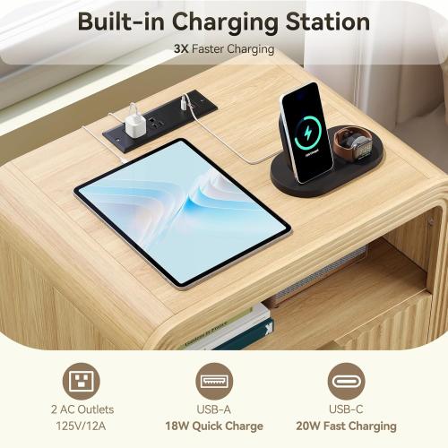 Size 19.7 Color brown Fluted Nightstand with Charging Station, 19.7'' Wide Morden End Table with USB/Type-C Ports, 2 Drawers & Open Shelf, Curved Profile Design, Wood Bedside Table for Bedroom (Natural Oak)