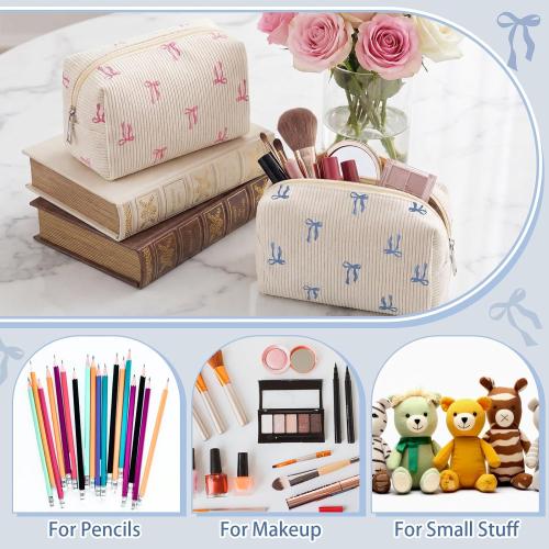 Dansydaisy Small Makeup Bag for Purse Blue Bow Corduroy Cosmetic Bag