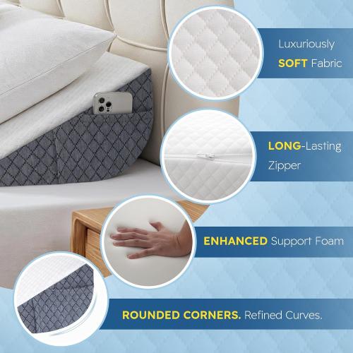HABUTWAY Twin Size Bed Wedge Pillow for Headboard, Mattress Gap Filler for 0-8 Gap, High-Density Foam with Grip Dots & Side Pockets, Headboard Wedge Pillow (White)