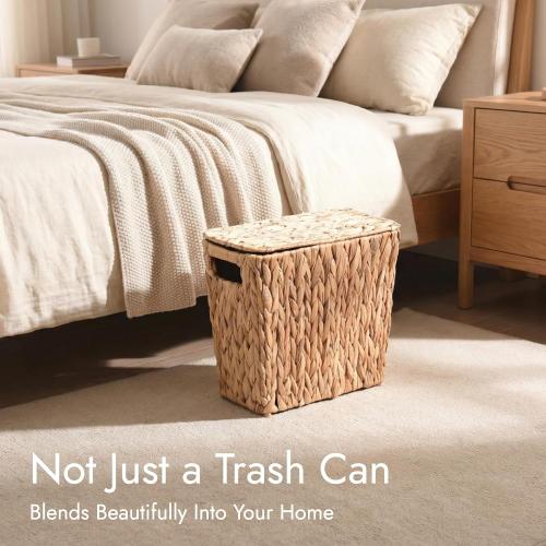 YANGQIHOME Water Hyacinth Bathroom Trash Can with Lid, Slim Rectangular Woven Waste Basket with Removable Waterproof Inner Bin, Decorative Wastebasket for Bedroom,2 Gallon,12.6’’L x 6.3’ W x 11’’H