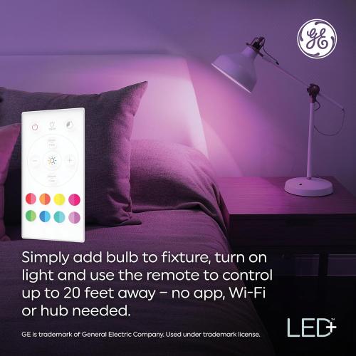 GE LED  Color Changing LED Light Bulbs with Remote, No App or Wi-Fi Required, A19 Bulbs, CA Compliant (2 Pack)
