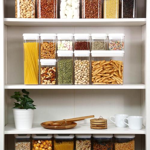 Felli Flip Tite Storage Container with Lid 4 Airtight Ring Seal Top, Stackable Acrylic Canister Jar Set for Kitchen Pantry Organizer, Food Spice Pasta Snack (5pk, Variety)