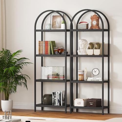 Yusong Bookshelf 4 Tier Arched Bookcase, 71.3 Tall Industrial Open Book Shelves for Living Room, Modern Freestanding Display Shelving Unit Storage Rack with Metal Frame, Office, Bedroom, Black