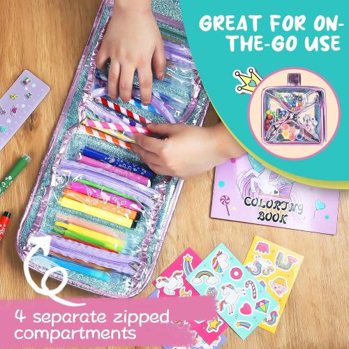 Washable Markers Set with Glitter Unicorn Pencil Case, Art Supplies for Kids Ages 4 5 6 7 8 Years Old, Arts Crafts Coloring Set with Crayon Pencil Gel Pen, Unicorn Toy Birthday Gift for Girls 4-6-8-10