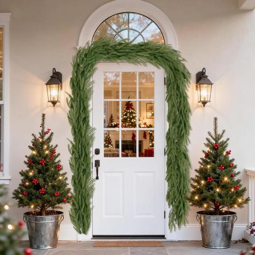 U'Artlines 2Pcs Christmas Norfolk Pine Garland, 6 Ft Xmas Faux Greenery Garland Real Touch Winter Cedar Garlands for Table Stairs Mantle Fireplace Holiday Decoration
