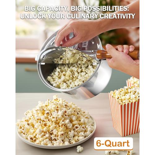 Cook N Home Stovetop Popcorn Popper with Crank, 6 Quart Stainless Steel Popcorn Pot, Silver