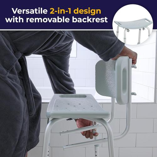 Drive Medical Shower Chair with Back - Adjustable Bathroom Bench - Suction Feet - Lightweight Durable Construction - Comfortable Contoured Seat - Grey