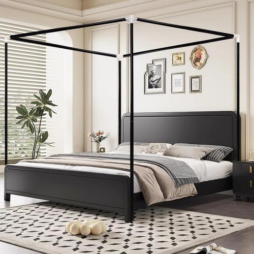 Stainless Steel Canopy Bed Frame Queen Size, Sturdy Post Poles Thicken Queen Size Canopy Frame for Metal Bed Wood Bed Bedroom Decor, Black