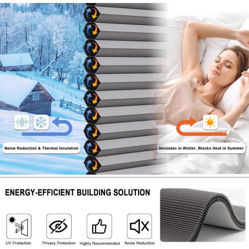 Tonature No Drill Cellular Shades for Indoor Windows, Thermal Insulating & Noise Reducing Honeycomb Blinds, Free Stop Cordless Blackout Shades, Grey, 26 1/2 W x 64 H