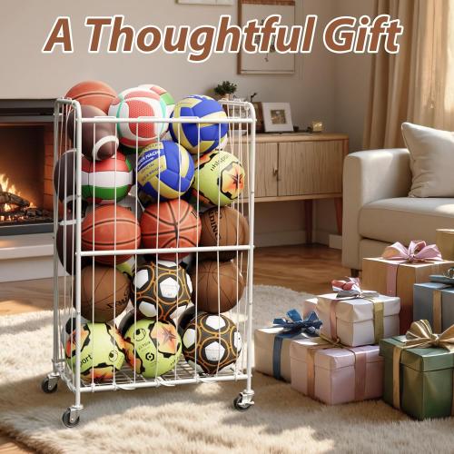 210L Rolling Ball Organizer with Locking Wheels - Large Sports Storage Basket for Basketball Soccer Football Volleyball, Steel Garage Equipment Cart with Elastic Rope for Household Storage