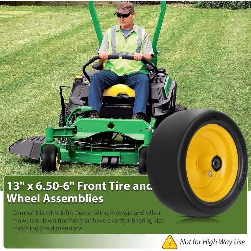 BLACK TIRE YELLOW RIM 2 Pcs 13x6.50-6 Lawn Mower Tires Flat Free with 3/4 Chrome Steel Bearings, 13x6.50-6 Zero Turn Mower Front Tires, 13x6.5-6 Flat Free Lawn Mower Tires for Commercial Grade Lawn, 5.5-7.5 Centered Hub