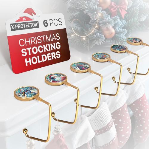 X-Protector Stocking Holders for Mantle - 6 PCS - Premium Christmas Stocking Holder with Non-Slip Bottom - Golden Stocking Hangers for Mantel - Stocking Hooks with Stickers on Top - Merry Christmas!