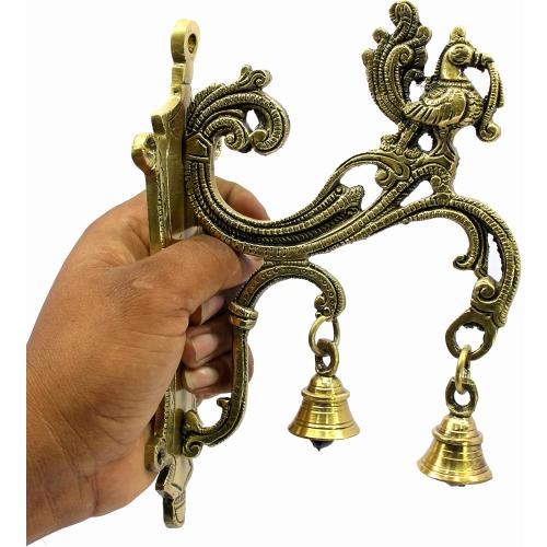 eSplanade Brass Wall Bracket Wall Hanger for Hanging Diya Lamp | Wall Decor | Peacock with Bells - 8.5 Inches